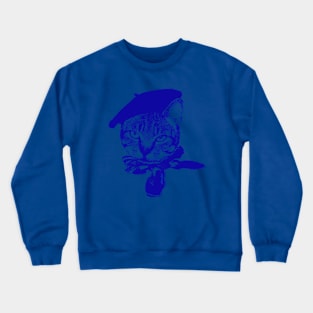 Ooo la la Cat with Beret, Blue on Blue Crewneck Sweatshirt